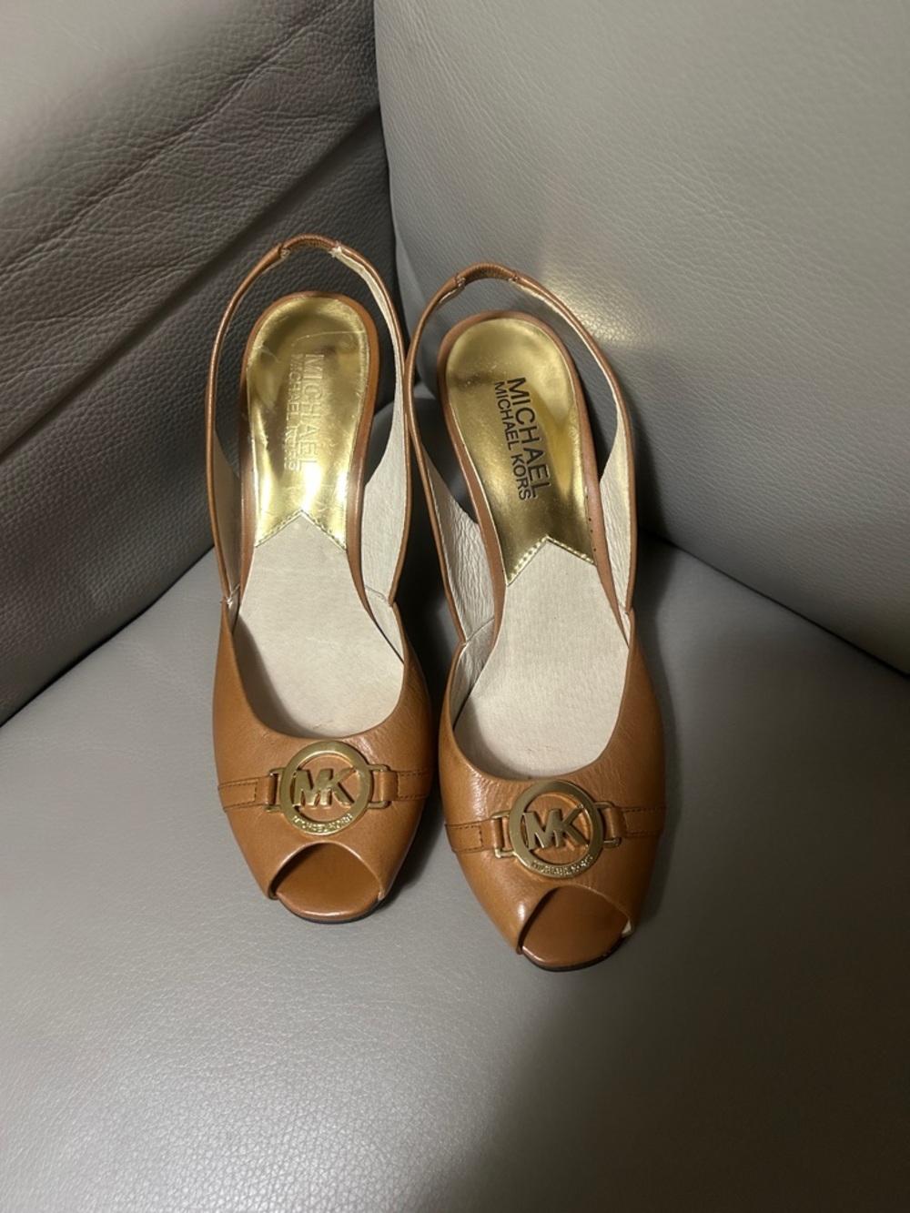 Michael Kors Tan Leather Peep-Toe Slingback Heels with Gold Logo